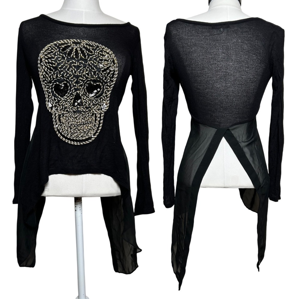 Y2K VTG Body Central Black Long Sleeve Skull Embellished Sheer Tunic Top Women M